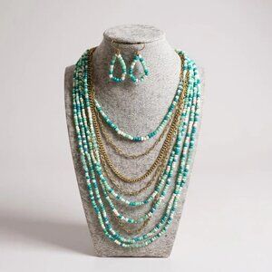 Multi Layers Multi Blue Glass Bead Gold Tone Link Necklace Earring Set